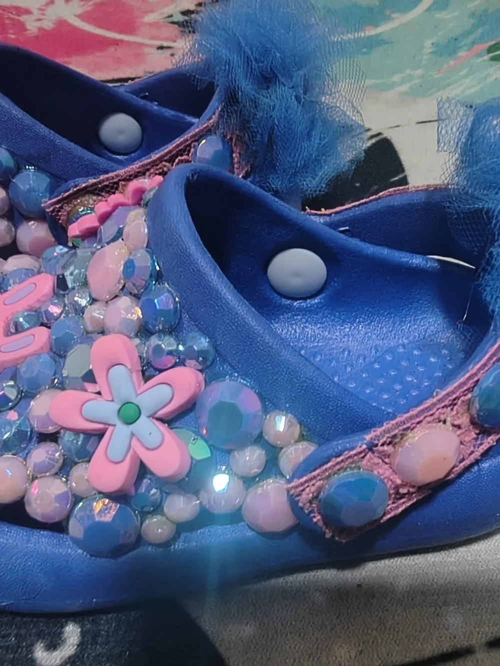 Blue Kids Clog Shoes with Pink Decorations - Girl Gang Toddler Size 7-8